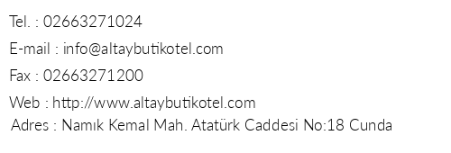 Altay Butik Otel telefon numaralar, faks, e-mail, posta adresi ve iletiim bilgileri